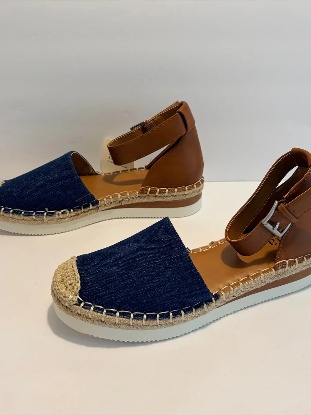a.n.a Navy Denim Espadrille Platform Sandals with Tan Ankle Strap